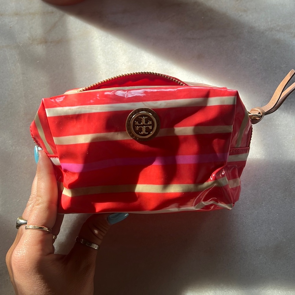 Tory Burch Red Pink and White Striped Makeup Bag